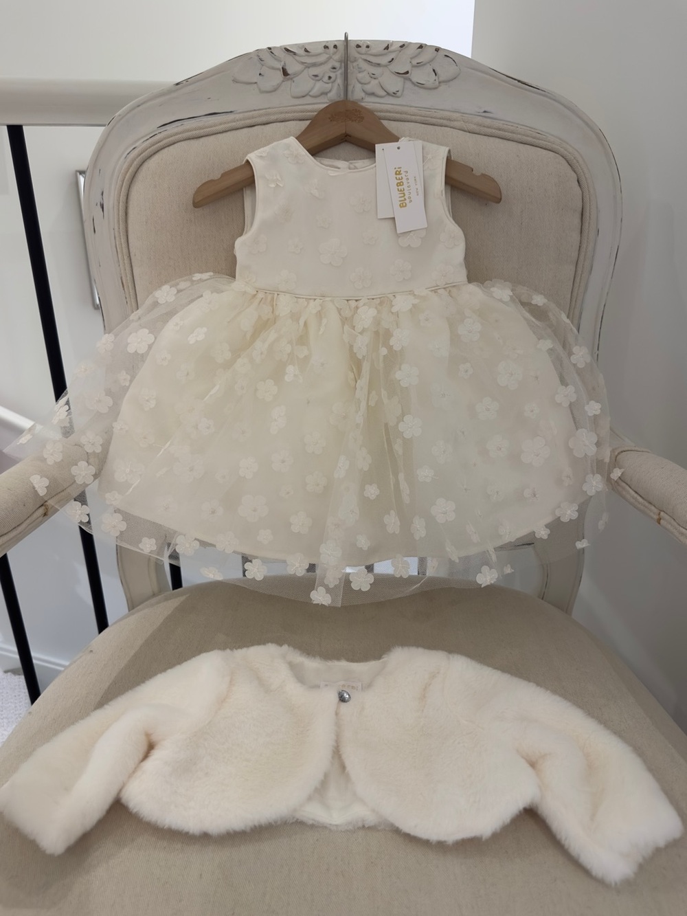 🦢 6~9 Mth Blueberi Boulevard White Embroidered Fancy Baby Dress & Fur Jacket NWT